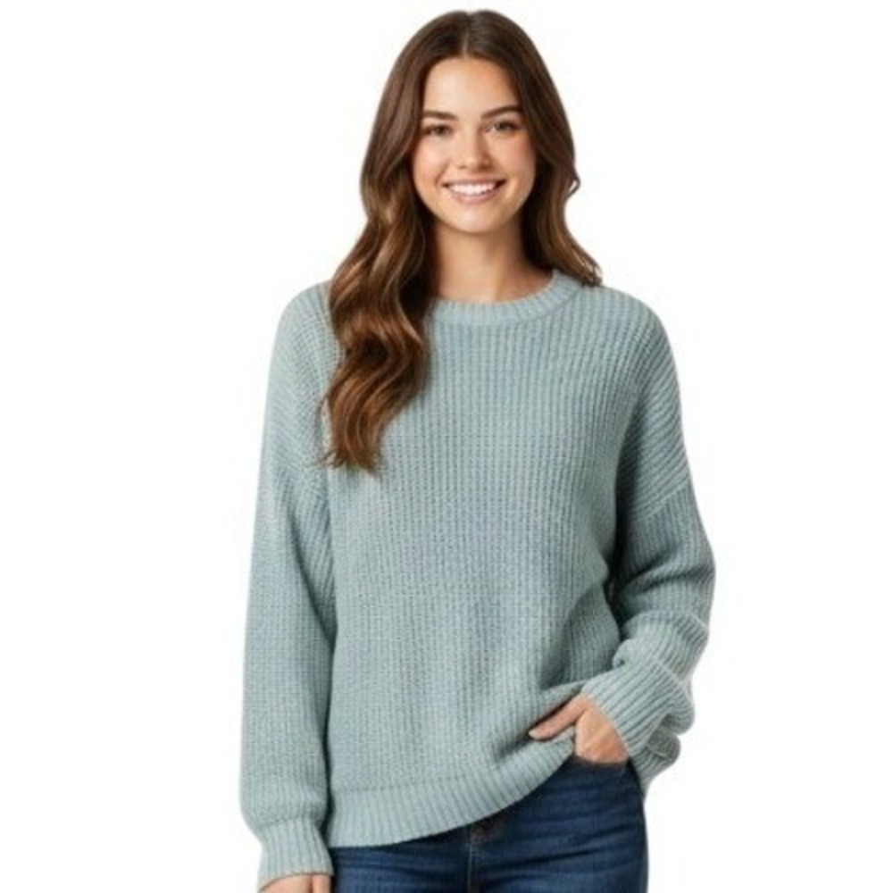 Hollister Sweater Womens Large Green Chunky Knit Crewneck Pullover Logo Relaxed